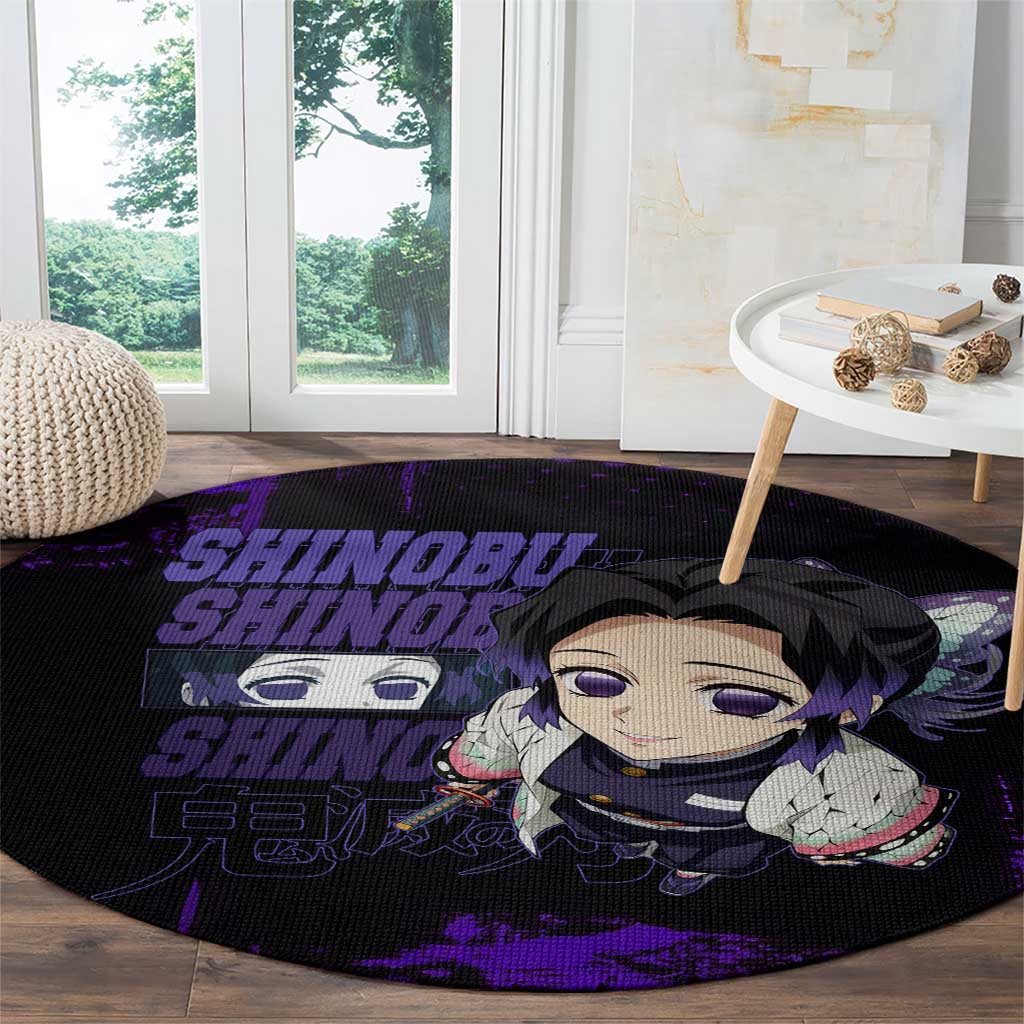 Shinobu Kocho Demon Slayer Purple Grunge Design Round Carpet with Butterfly Theme and Calm Expression - The Mazicc