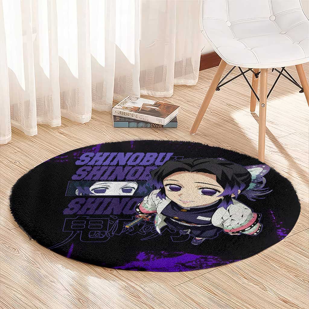 Shinobu Kocho Demon Slayer Purple Grunge Design Round Carpet with Butterfly Theme and Calm Expression - The Mazicc