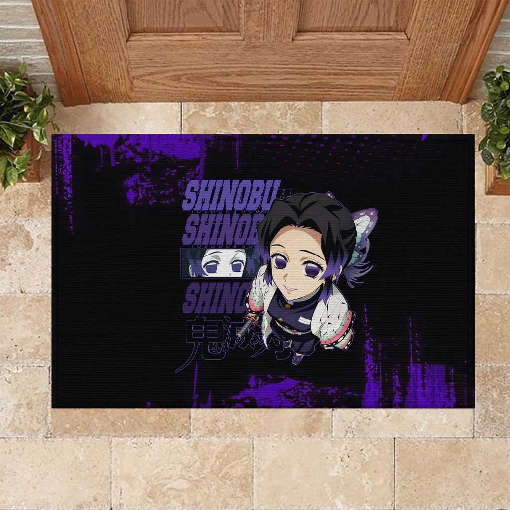 Shinobu Kocho Demon Slayer Purple Grunge Design Rubber Doormat with Butterfly Theme and Calm Expression - The Mazicc