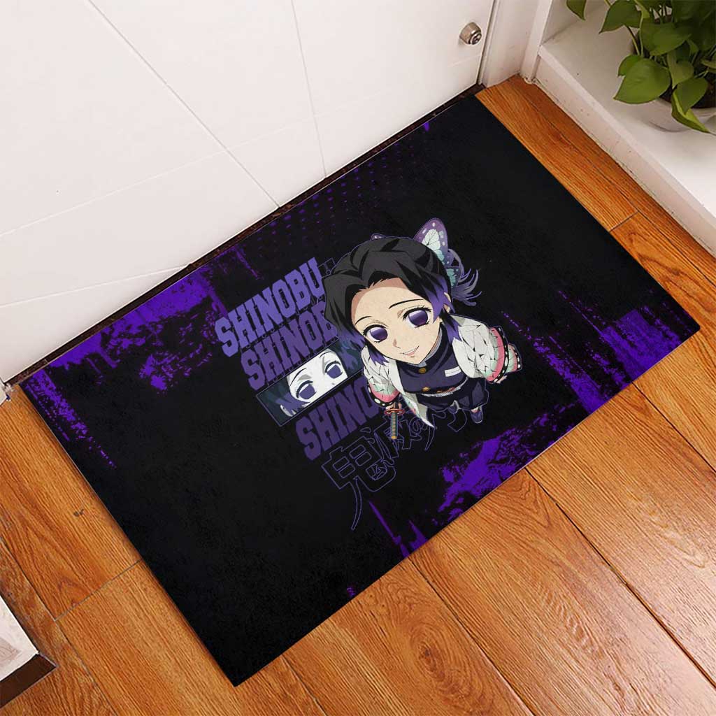 Shinobu Kocho Demon Slayer Purple Grunge Design Rubber Doormat with Butterfly Theme and Calm Expression - The Mazicc