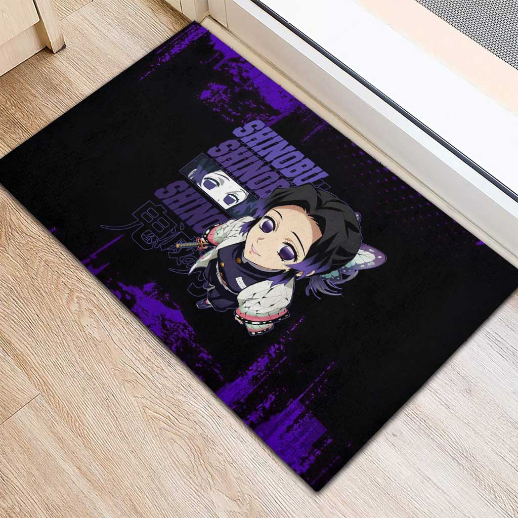 Shinobu Kocho Demon Slayer Purple Grunge Design Rubber Doormat with Butterfly Theme and Calm Expression - The Mazicc