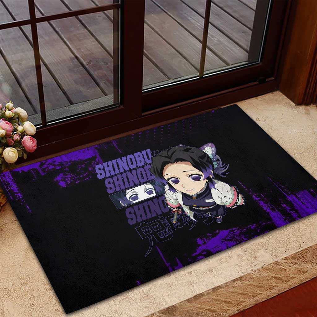 Shinobu Kocho Demon Slayer Purple Grunge Design Rubber Doormat with Butterfly Theme and Calm Expression - The Mazicc