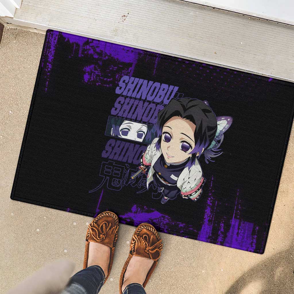 Shinobu Kocho Demon Slayer Purple Grunge Design Rubber Doormat with Butterfly Theme and Calm Expression - The Mazicc