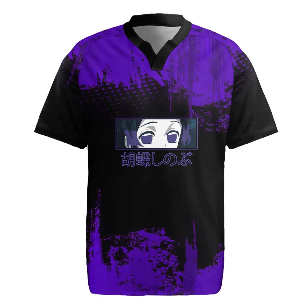 Shinobu Kocho Demon Slayer Purple Grunge Design Rugby Jersey with Butterfly Theme and Calm Expression - The Mazicc