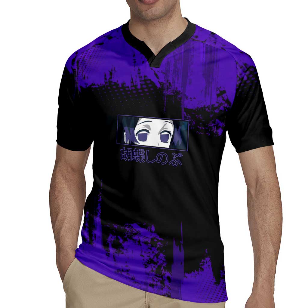 Shinobu Kocho Demon Slayer Purple Grunge Design Rugby Jersey with Butterfly Theme and Calm Expression - The Mazicc