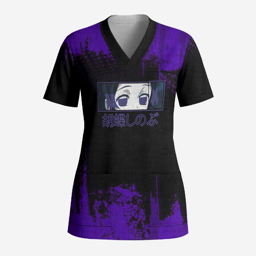 Shinobu Kocho Demon Slayer Purple Grunge Design Scrub Top with Butterfly Theme and Calm Expression - The Mazicc