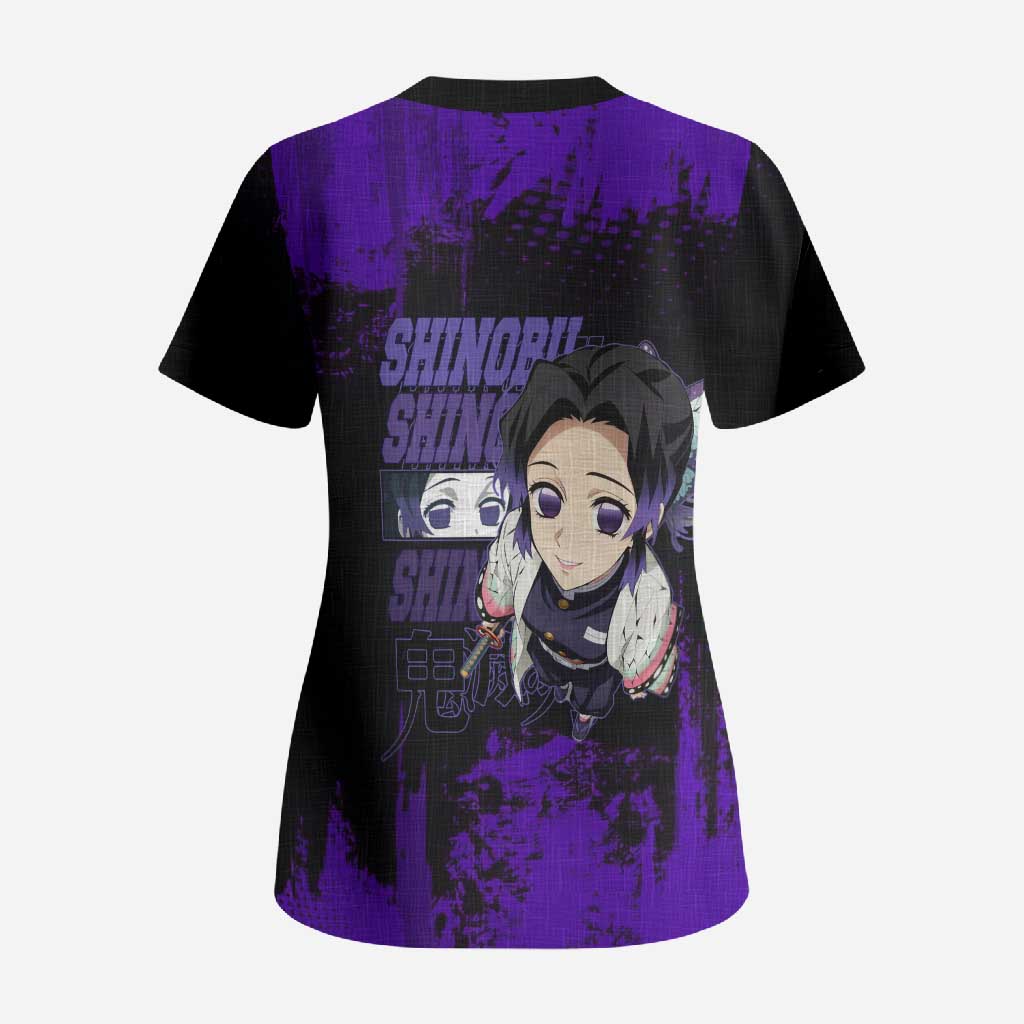Shinobu Kocho Demon Slayer Purple Grunge Design Scrub Top with Butterfly Theme and Calm Expression - The Mazicc