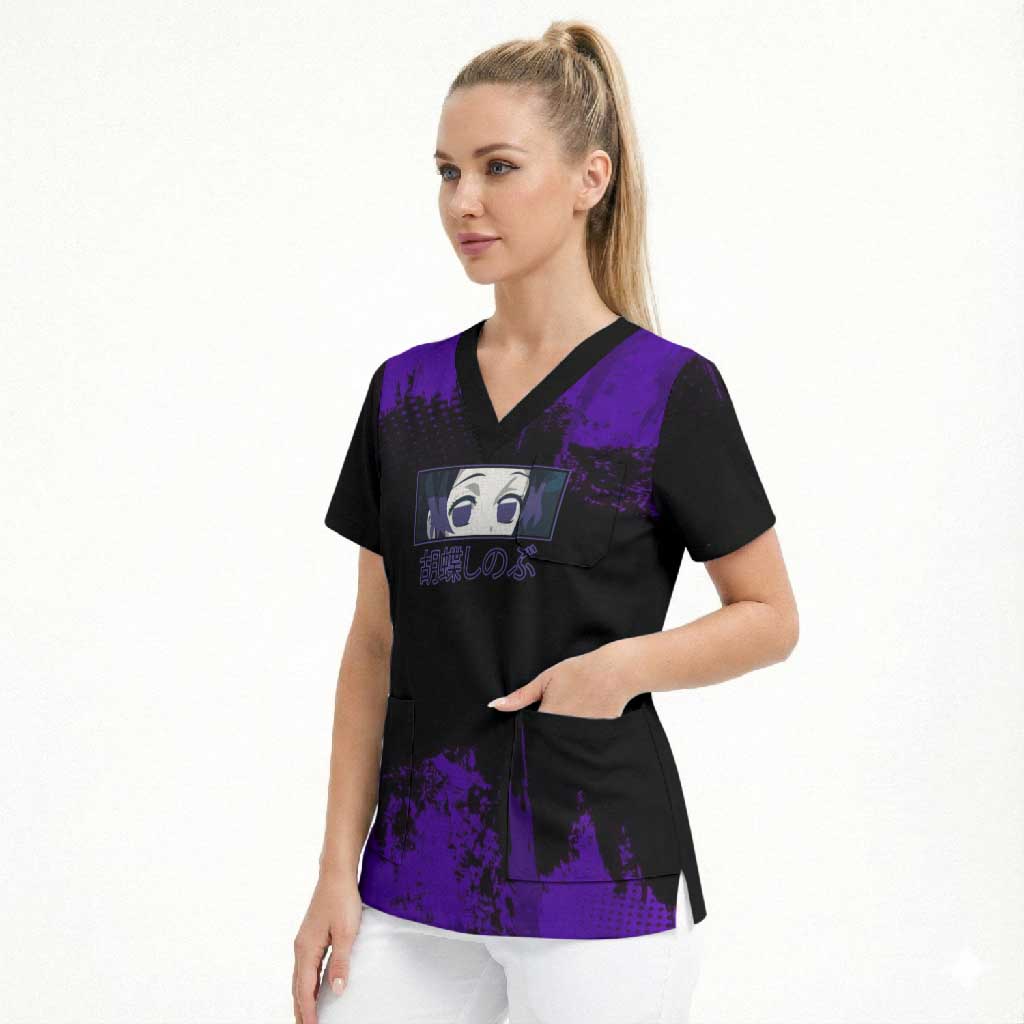 Shinobu Kocho Demon Slayer Purple Grunge Design Scrub Top with Butterfly Theme and Calm Expression - The Mazicc