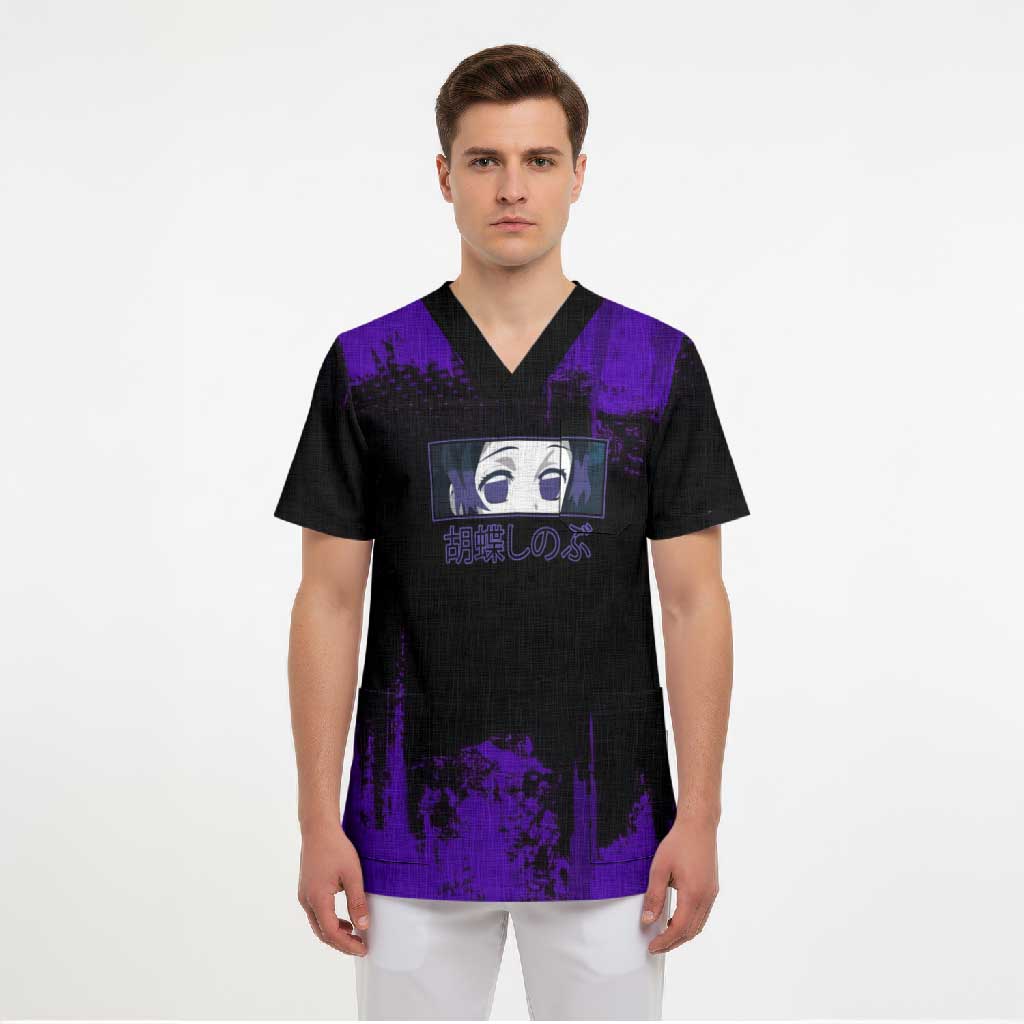 Shinobu Kocho Demon Slayer Purple Grunge Design Scrub Top with Butterfly Theme and Calm Expression - The Mazicc