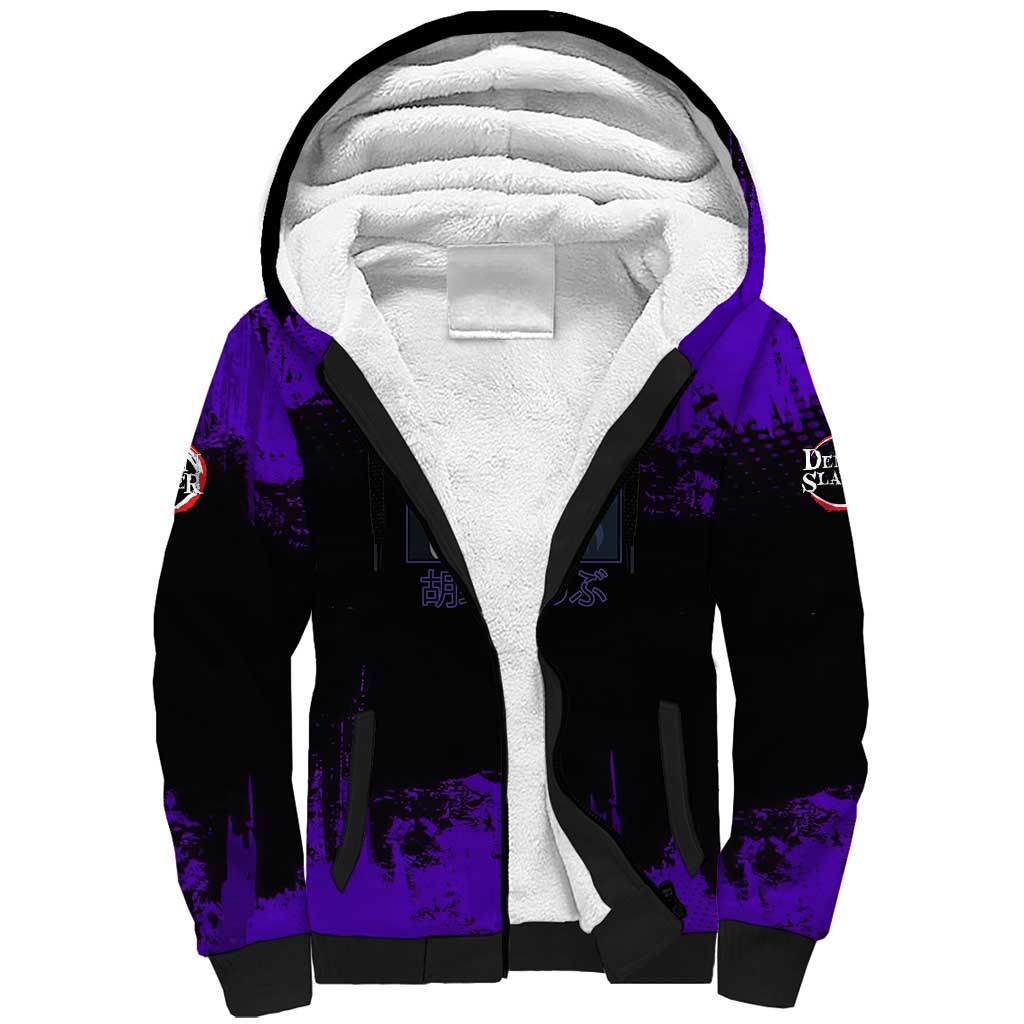 Shinobu Kocho Demon Slayer Purple Grunge Design Sherpa Hoodie with Butterfly Theme and Calm Expression - The Mazicc