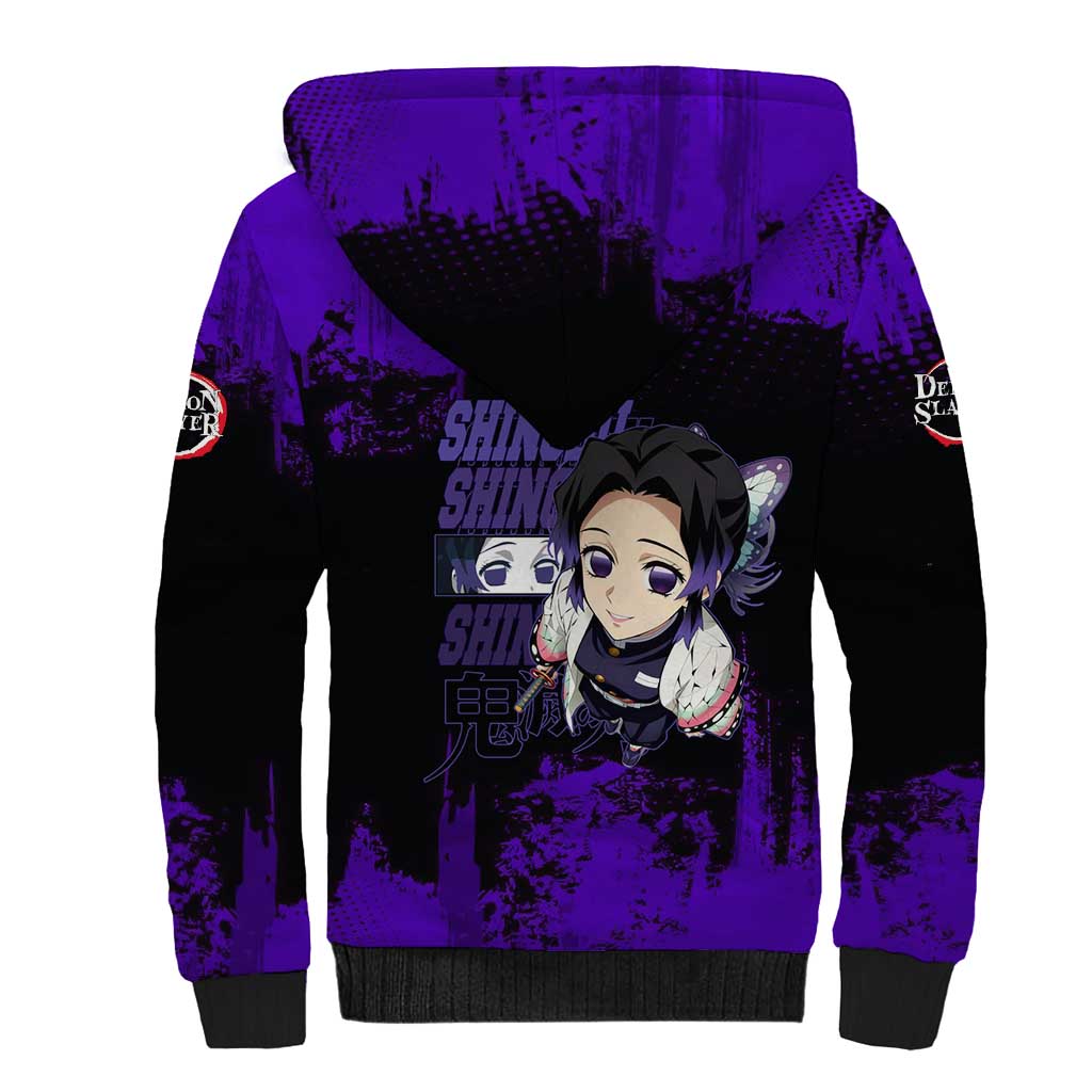 Shinobu Kocho Demon Slayer Purple Grunge Design Sherpa Hoodie with Butterfly Theme and Calm Expression - The Mazicc