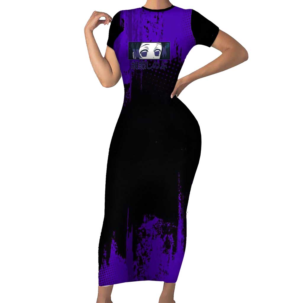Shinobu Kocho Demon Slayer Purple Grunge Design Short Sleeve Bodycon Dress with Butterfly Theme and Calm Expression - The Mazicc