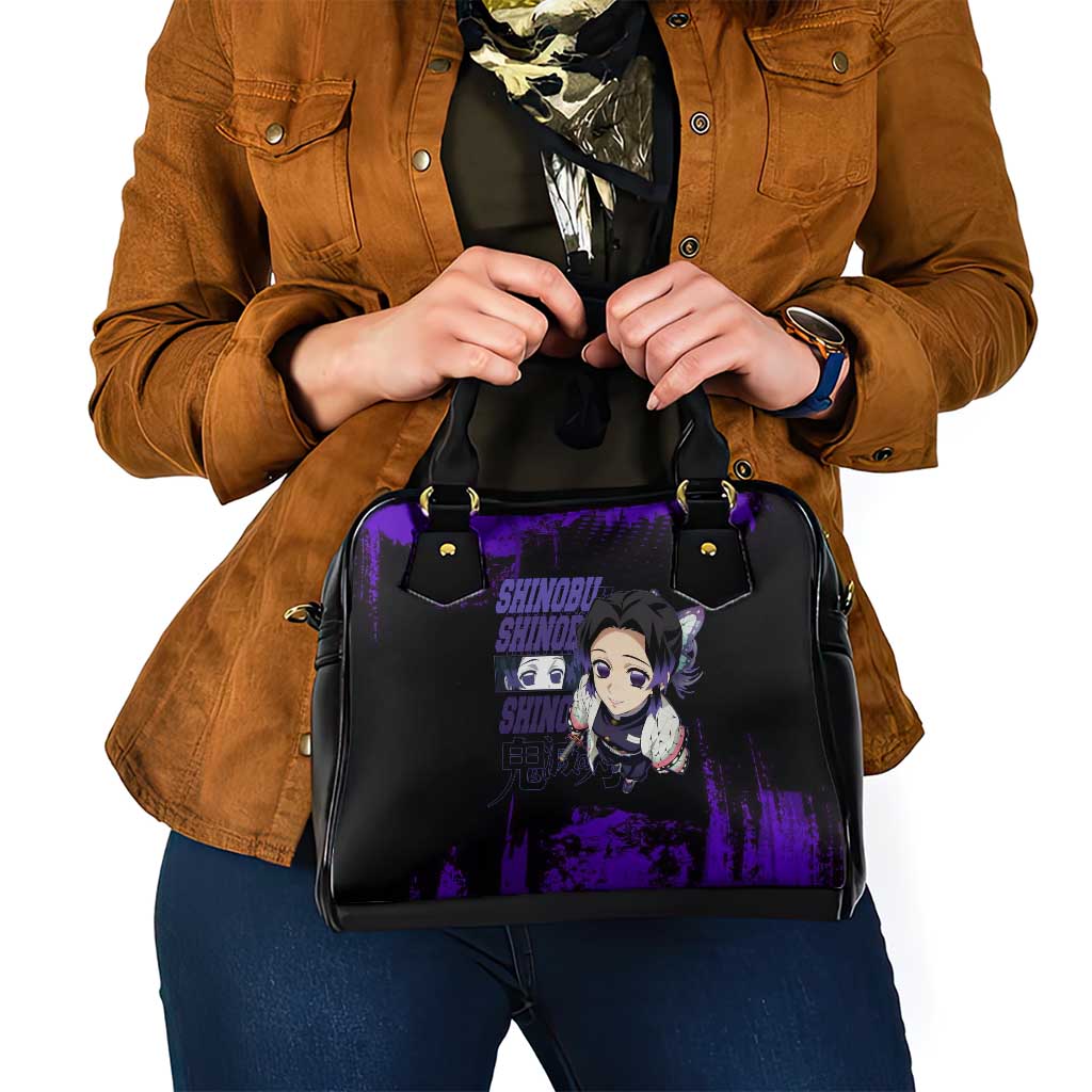 Shinobu Kocho Demon Slayer Purple Grunge Design Shoulder Handbag with Butterfly Theme and Calm Expression - The Mazicc