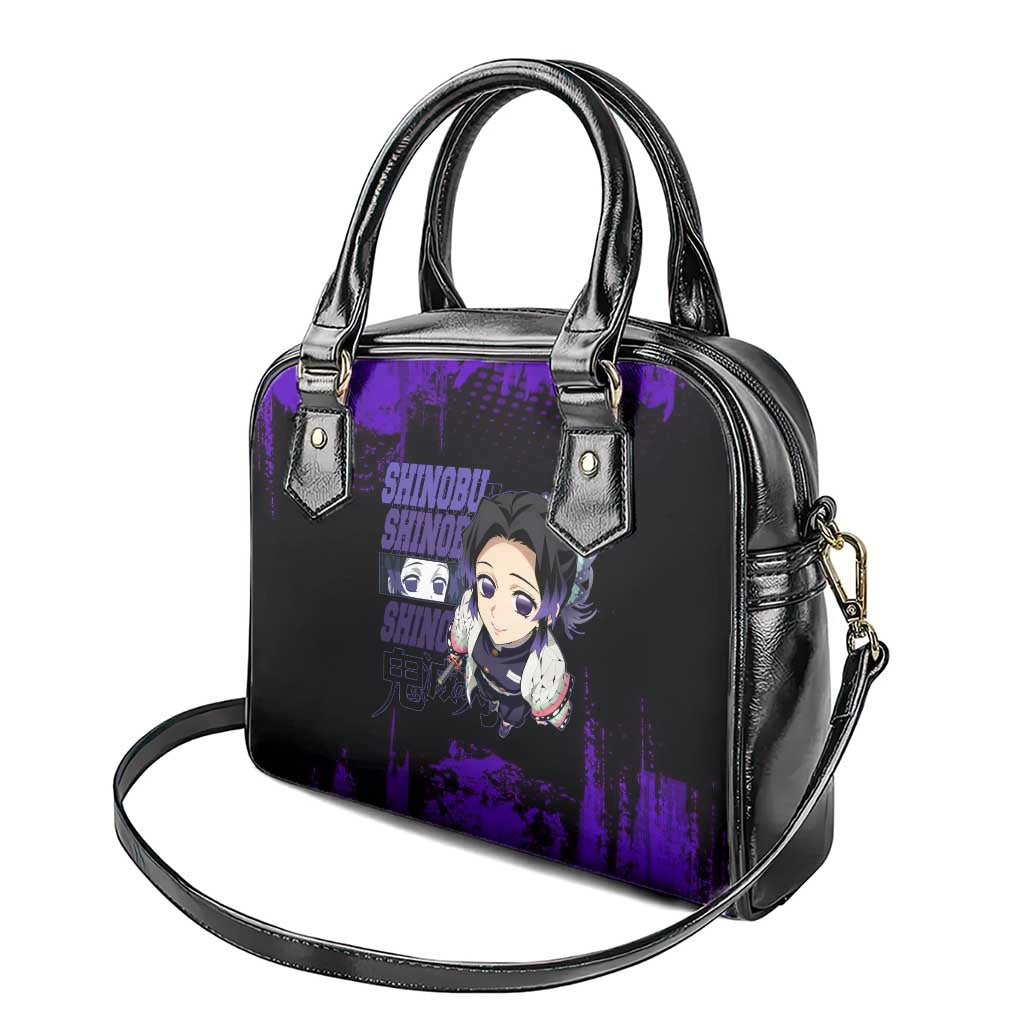 Shinobu Kocho Demon Slayer Purple Grunge Design Shoulder Handbag with Butterfly Theme and Calm Expression - The Mazicc