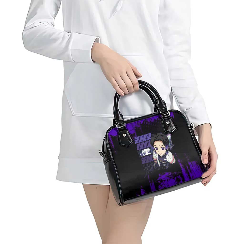 Shinobu Kocho Demon Slayer Purple Grunge Design Shoulder Handbag with Butterfly Theme and Calm Expression - The Mazicc
