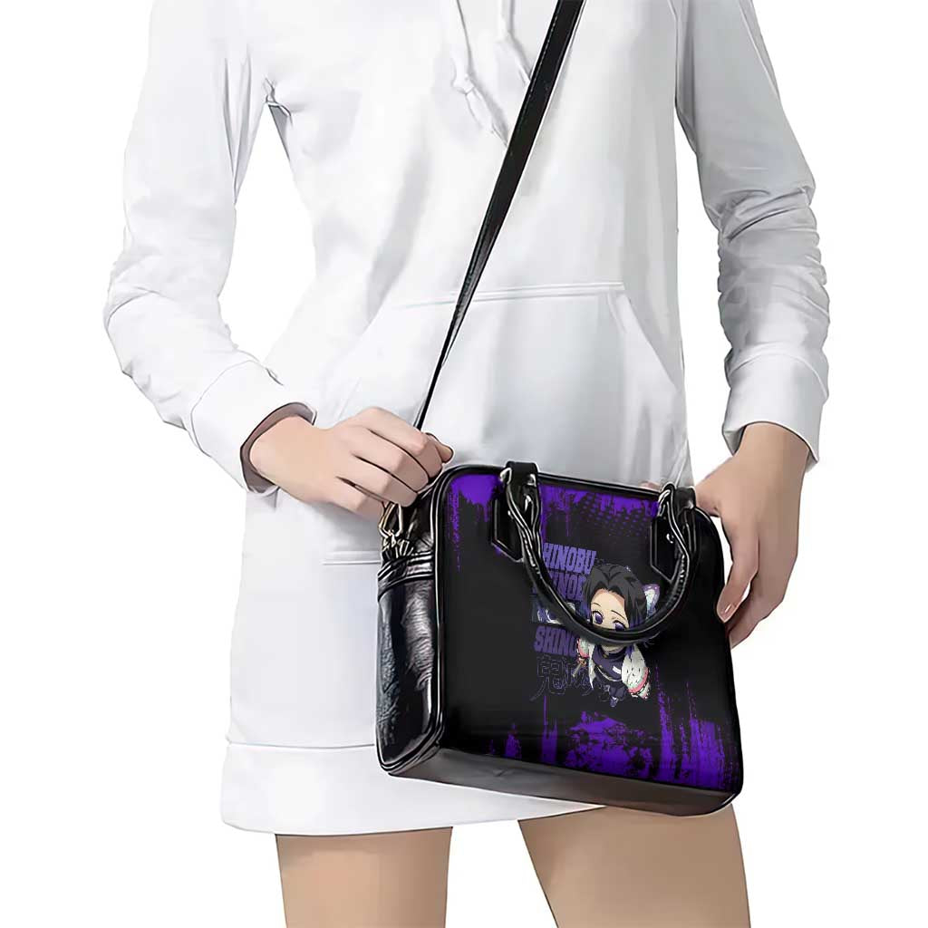Shinobu Kocho Demon Slayer Purple Grunge Design Shoulder Handbag with Butterfly Theme and Calm Expression - The Mazicc