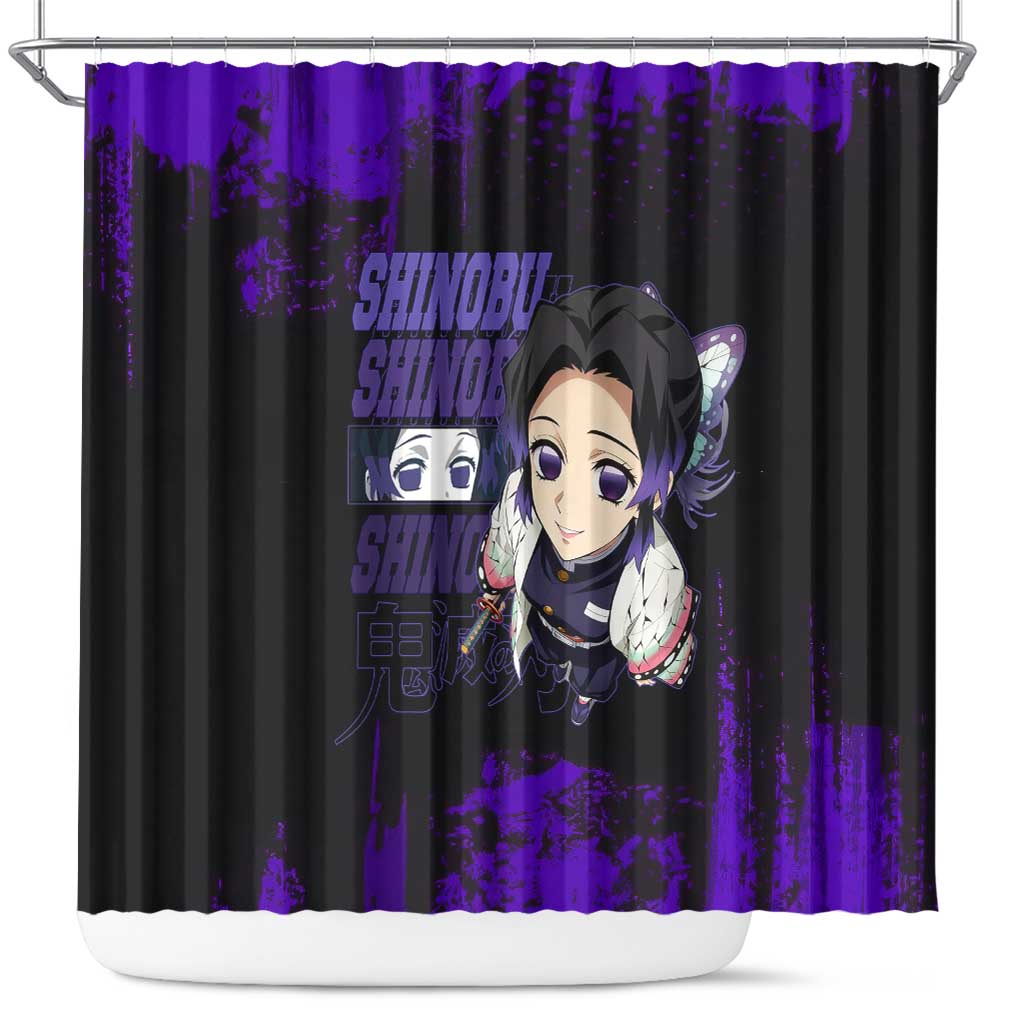Shinobu Kocho Demon Slayer Purple Grunge Design Shower Curtain with Butterfly Theme and Calm Expression - The Mazicc