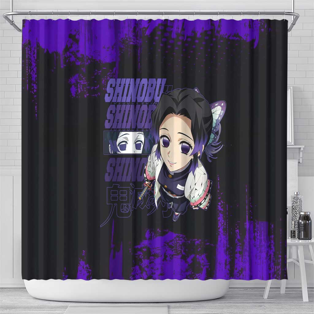 Shinobu Kocho Demon Slayer Purple Grunge Design Shower Curtain with Butterfly Theme and Calm Expression - The Mazicc