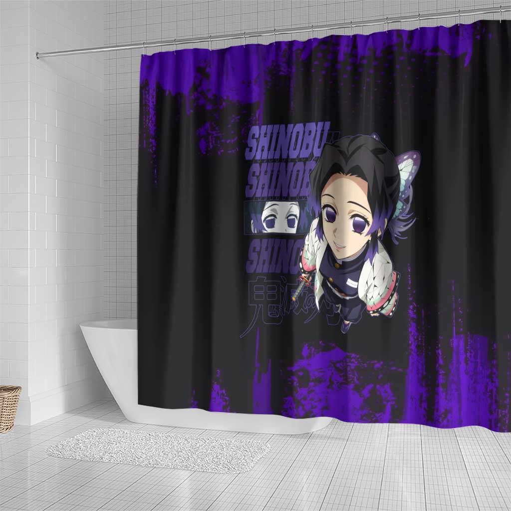 Shinobu Kocho Demon Slayer Purple Grunge Design Shower Curtain with Butterfly Theme and Calm Expression - The Mazicc