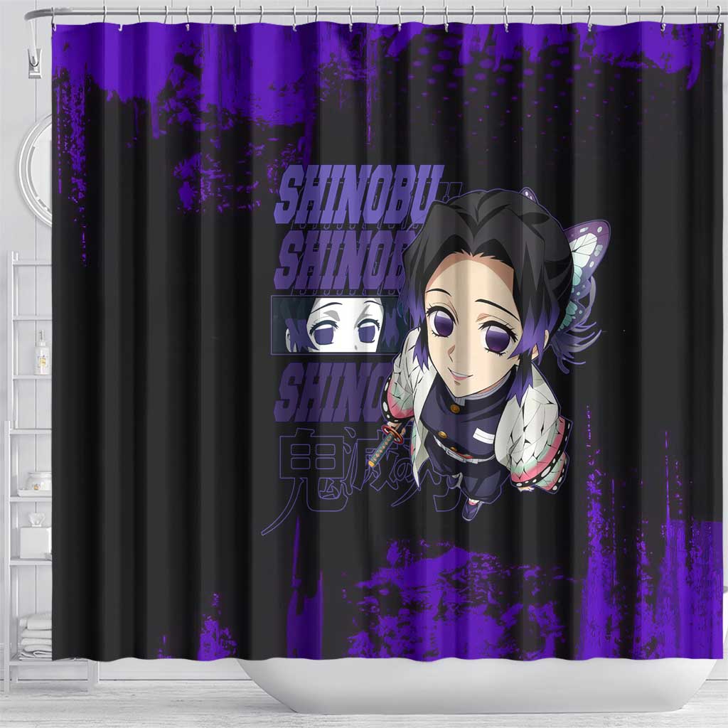 Shinobu Kocho Demon Slayer Purple Grunge Design Shower Curtain with Butterfly Theme and Calm Expression - The Mazicc