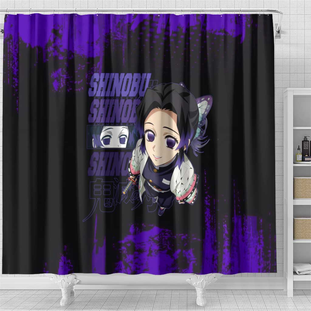 Shinobu Kocho Demon Slayer Purple Grunge Design Shower Curtain with Butterfly Theme and Calm Expression - The Mazicc