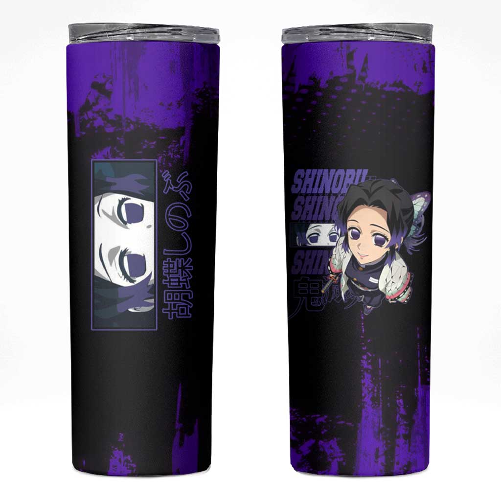 Shinobu Kocho Demon Slayer Purple Grunge Design Skinny Tumbler with Butterfly Theme and Calm Expression - The Mazicc