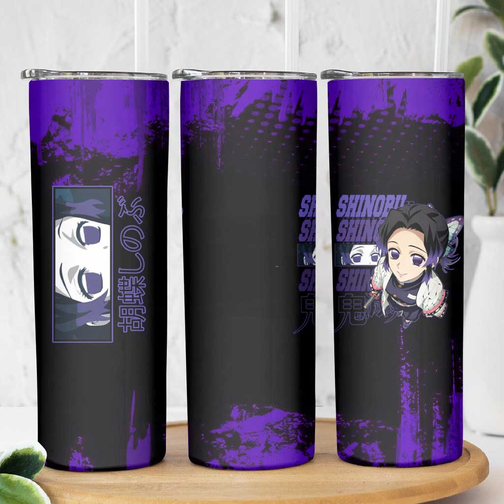 Shinobu Kocho Demon Slayer Purple Grunge Design Skinny Tumbler with Butterfly Theme and Calm Expression - The Mazicc