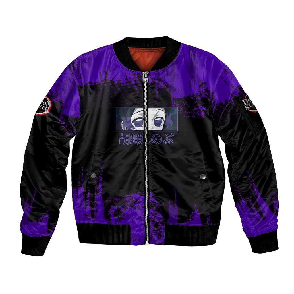 Shinobu Kocho Demon Slayer Purple Grunge Design Sleeve Zip Bomber Jacket with Butterfly Theme and Calm Expression - The Mazicc