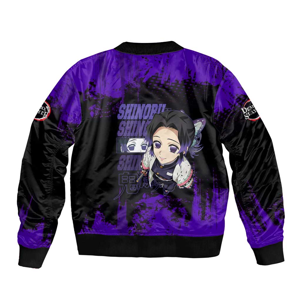 Shinobu Kocho Demon Slayer Purple Grunge Design Sleeve Zip Bomber Jacket with Butterfly Theme and Calm Expression - The Mazicc