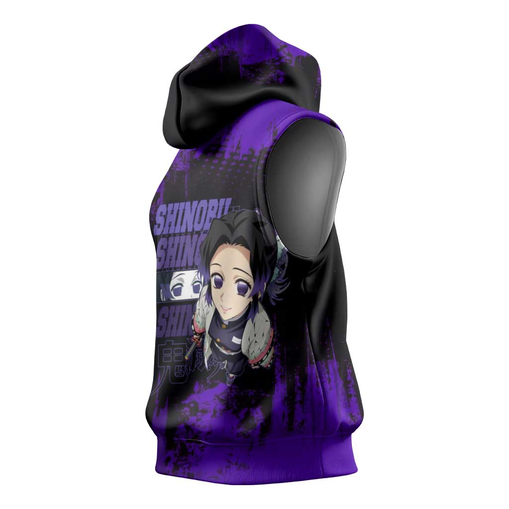 Shinobu Kocho Demon Slayer Purple Grunge Design Sleeveless Hoodie with Butterfly Theme and Calm Expression - The Mazicc