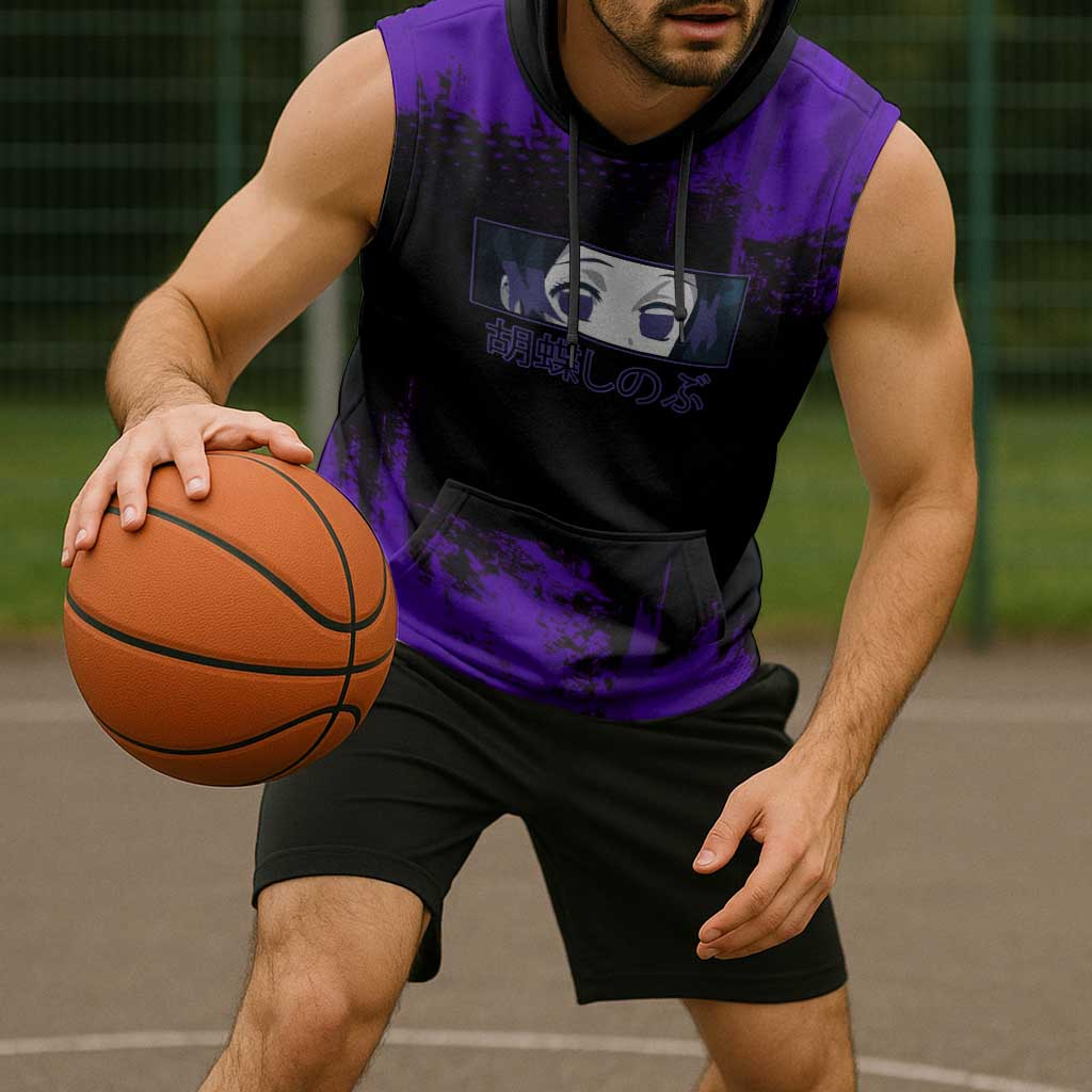 Shinobu Kocho Demon Slayer Purple Grunge Design Sleeveless Hoodie with Butterfly Theme and Calm Expression - The Mazicc