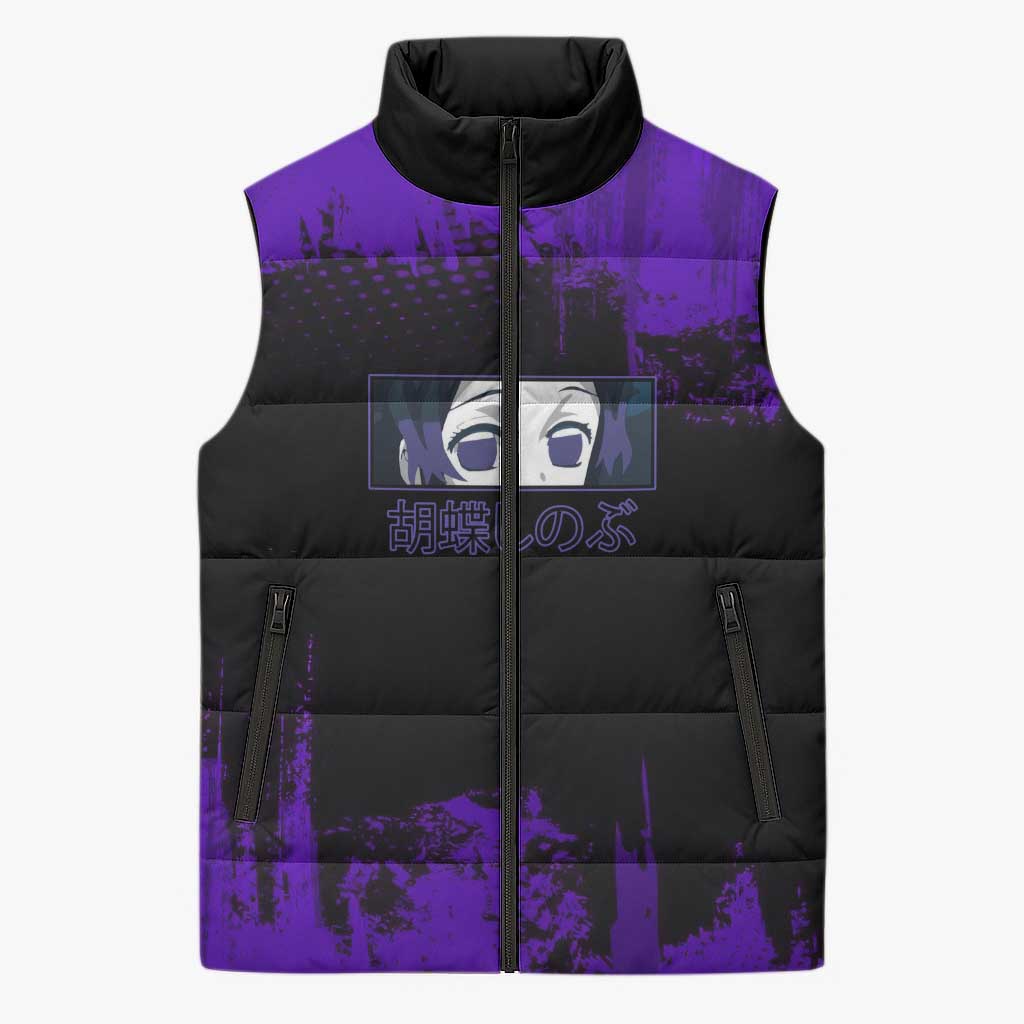 Shinobu Kocho Demon Slayer Purple Grunge Design Sleeveless Puffer Jacket with Butterfly Theme and Calm Expression - The Mazicc