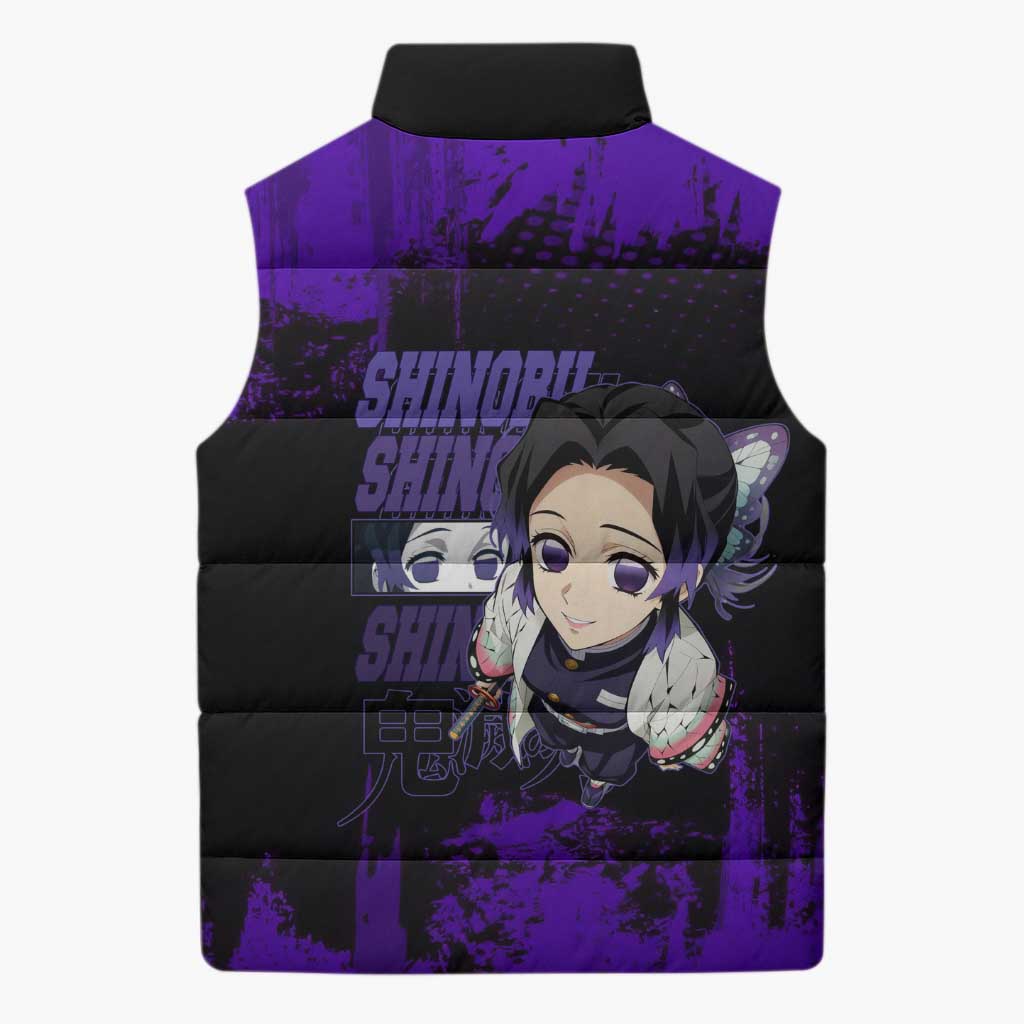 Shinobu Kocho Demon Slayer Purple Grunge Design Sleeveless Puffer Jacket with Butterfly Theme and Calm Expression - The Mazicc