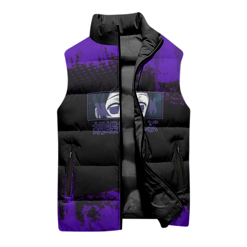 Shinobu Kocho Demon Slayer Purple Grunge Design Sleeveless Puffer Jacket with Butterfly Theme and Calm Expression - The Mazicc