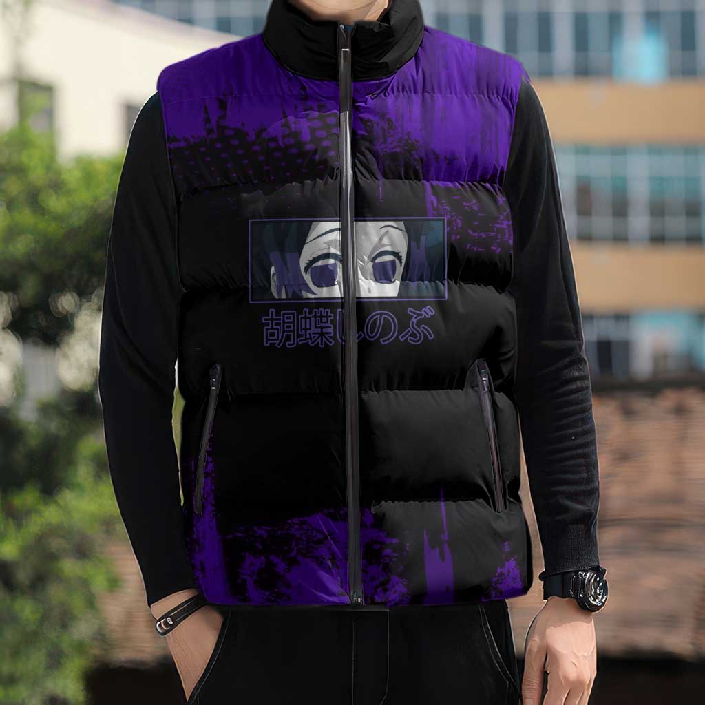 Shinobu Kocho Demon Slayer Purple Grunge Design Sleeveless Puffer Jacket with Butterfly Theme and Calm Expression - The Mazicc