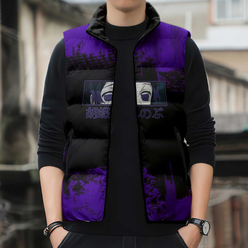 Shinobu Kocho Demon Slayer Purple Grunge Design Sleeveless Puffer Jacket with Butterfly Theme and Calm Expression - The Mazicc