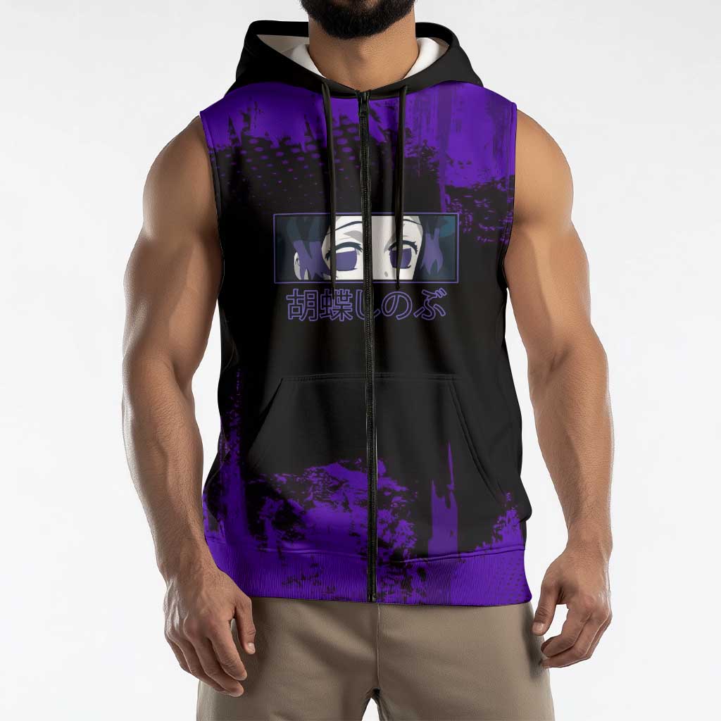 Shinobu Kocho Demon Slayer Purple Grunge Design Sleeveless Zip Hoodie with Butterfly Theme and Calm Expression - The Mazicc