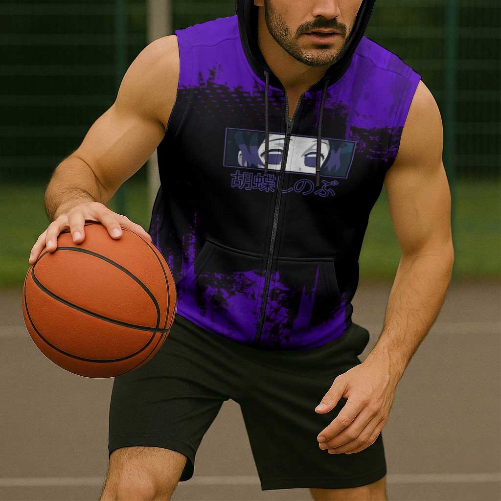 Shinobu Kocho Demon Slayer Purple Grunge Design Sleeveless Zip Hoodie with Butterfly Theme and Calm Expression - The Mazicc