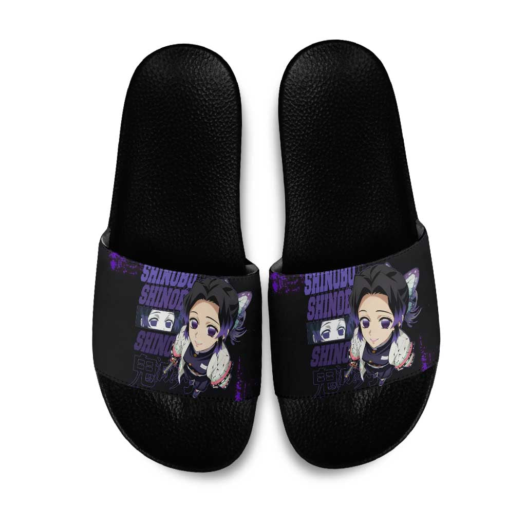 Shinobu Kocho Demon Slayer Purple Grunge Design Slide Sandals with Butterfly Theme and Calm Expression - The Mazicc