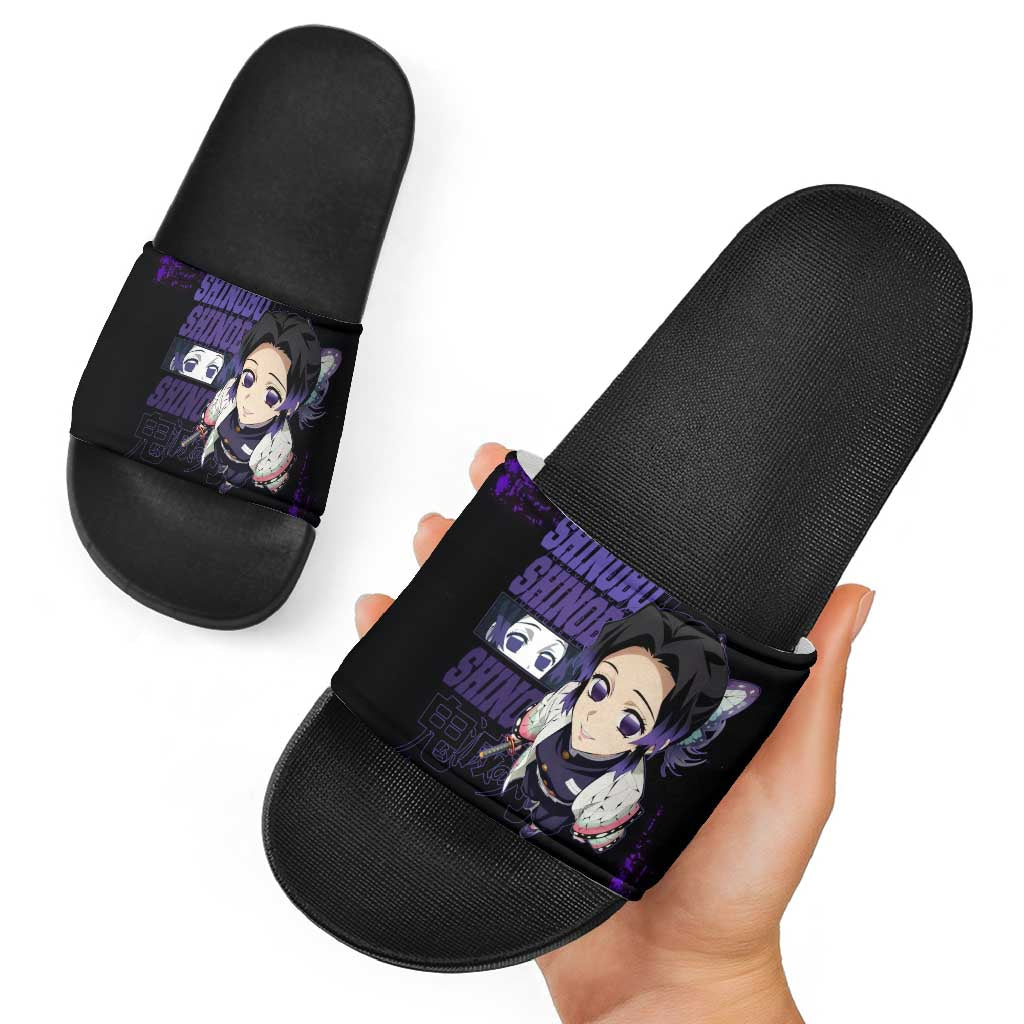 Shinobu Kocho Demon Slayer Purple Grunge Design Slide Sandals with Butterfly Theme and Calm Expression - The Mazicc