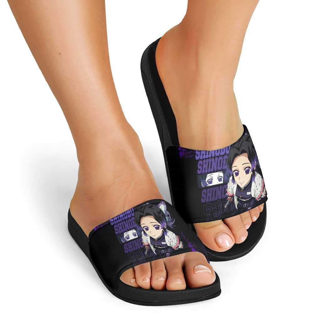 Shinobu Kocho Demon Slayer Purple Grunge Design Slide Sandals with Butterfly Theme and Calm Expression - The Mazicc