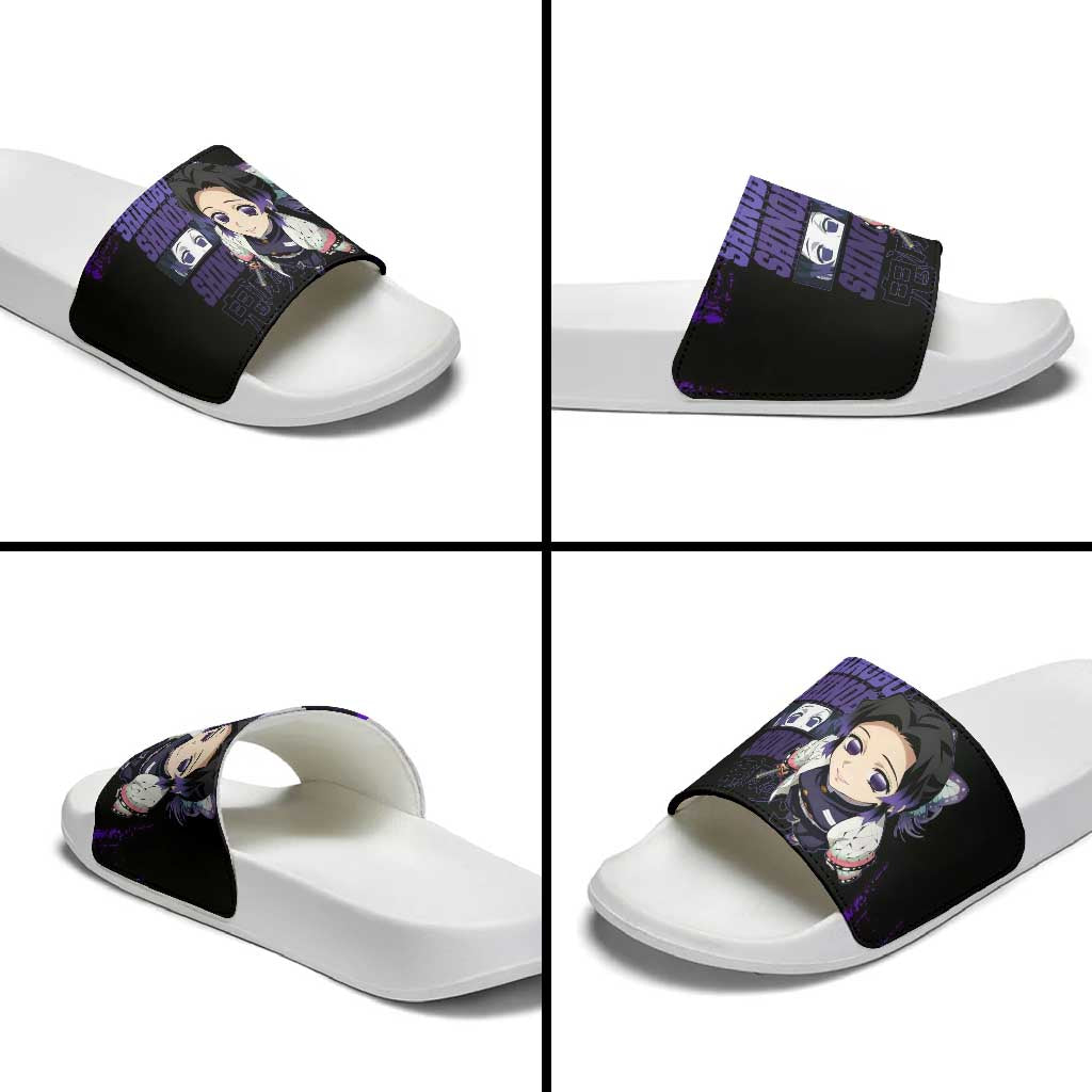 Shinobu Kocho Demon Slayer Purple Grunge Design Slide Sandals with Butterfly Theme and Calm Expression - The Mazicc