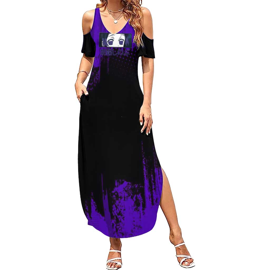 Shinobu Kocho Demon Slayer Purple Grunge Design Summer Maxi Dress with Butterfly Theme and Calm Expression - The Mazicc
