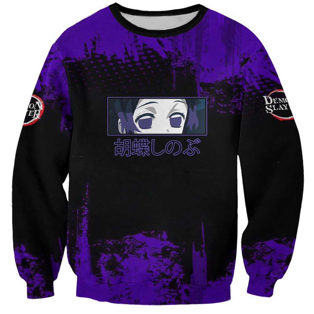 Shinobu Kocho Demon Slayer Purple Grunge Design Sweatshirt with Butterfly Theme and Calm Expression - The Mazicc