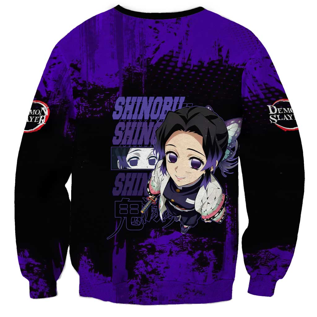 Shinobu Kocho Demon Slayer Purple Grunge Design Sweatshirt with Butterfly Theme and Calm Expression - The Mazicc