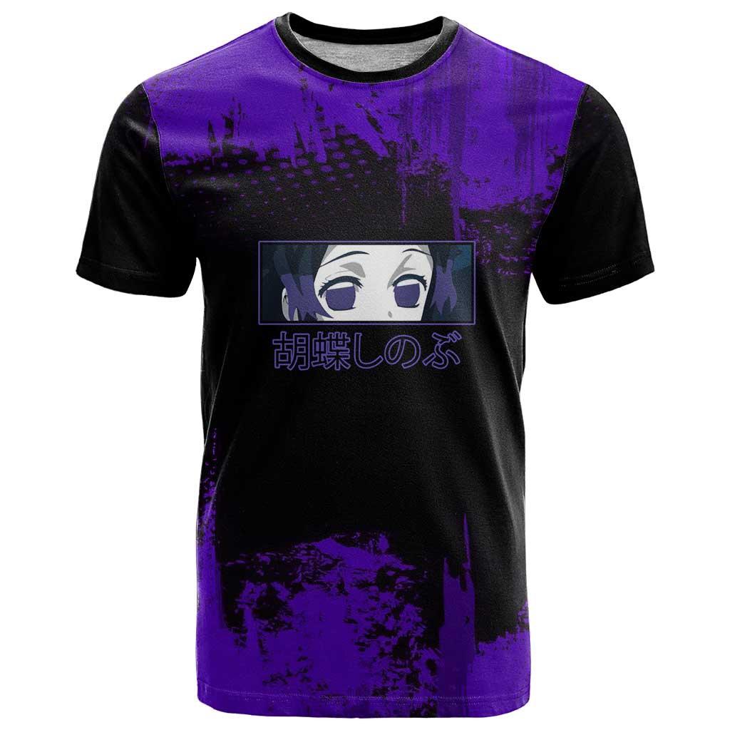 Shinobu Kocho Demon Slayer Purple Grunge Design T Shirt with Butterfly Theme and Calm Expression - The Mazicc