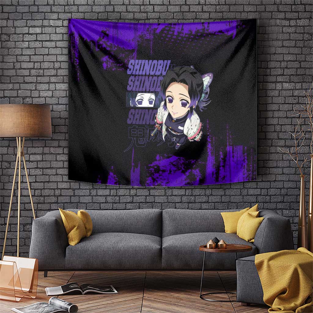 Shinobu Kocho Demon Slayer Purple Grunge Design Tapestry with Butterfly Theme and Calm Expression - The Mazicc