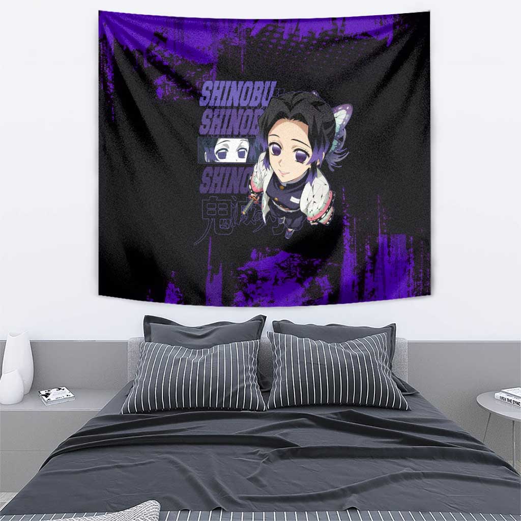 Shinobu Kocho Demon Slayer Purple Grunge Design Tapestry with Butterfly Theme and Calm Expression - The Mazicc