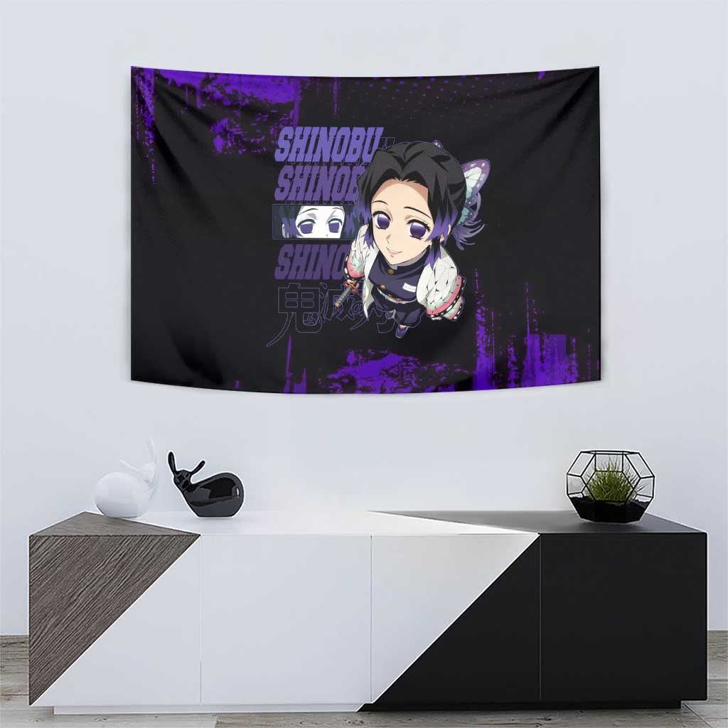 Shinobu Kocho Demon Slayer Purple Grunge Design Tapestry with Butterfly Theme and Calm Expression - The Mazicc