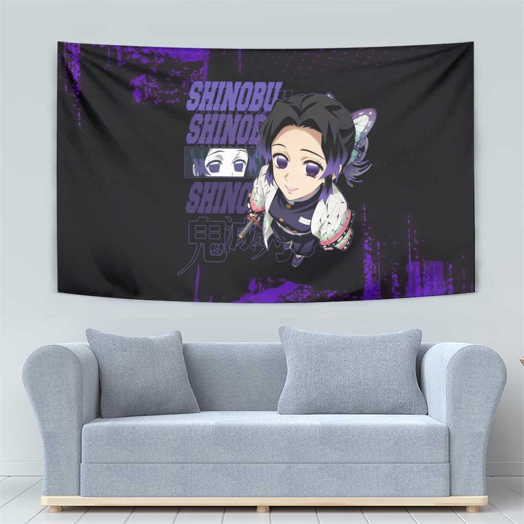 Shinobu Kocho Demon Slayer Purple Grunge Design Tapestry with Butterfly Theme and Calm Expression - The Mazicc